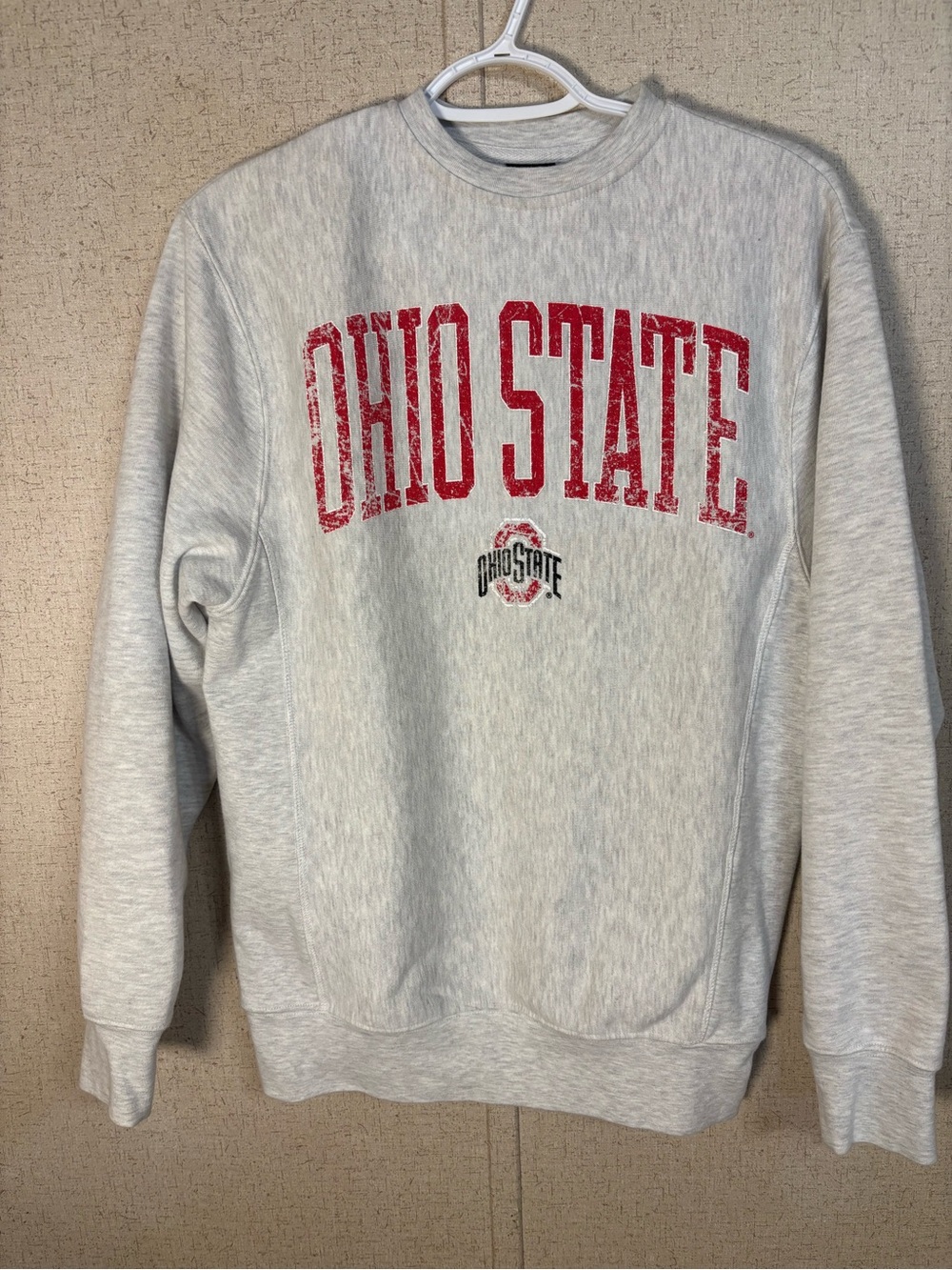 Ohio State Lightweight Crewneck Sweatshirt in Light Gray with Red Print